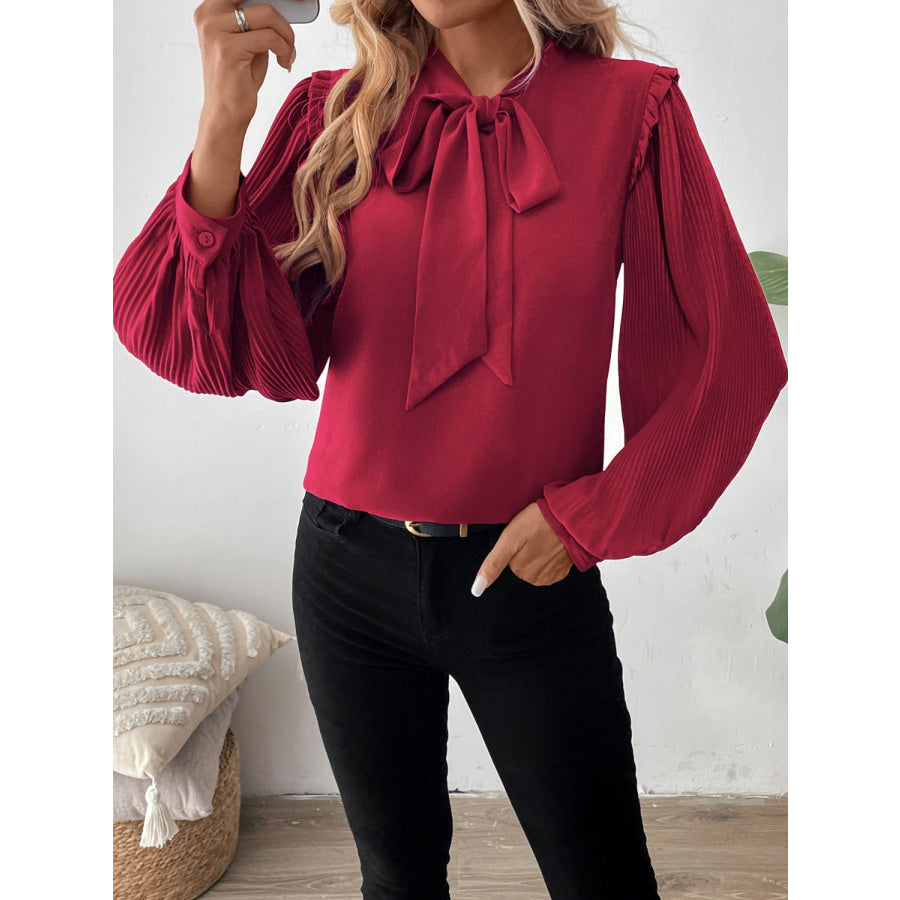 Perfee Frill Tie Neck Long Sleeve Blouse Apparel and Accessories