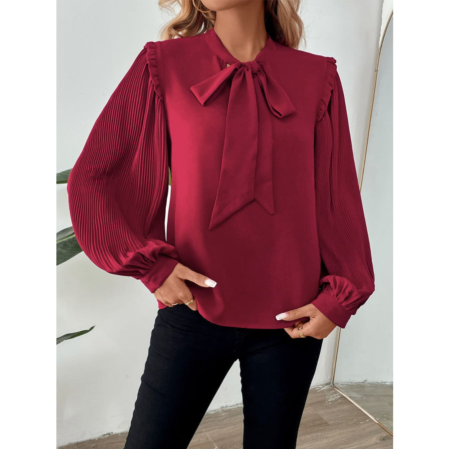 Perfee Frill Tie Neck Long Sleeve Blouse Burgundy / S Apparel and Accessories