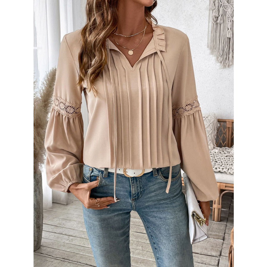 Perfee Frill Tie Neck Long Sleeve Blouse Tan / S Apparel and Accessories