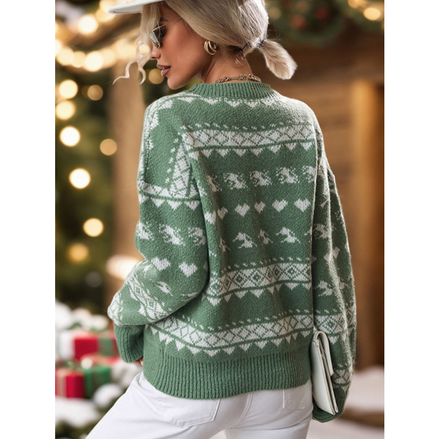 Perfee Geometric Round Neck Dropped Shoulder Sweater Apparel and Accessories