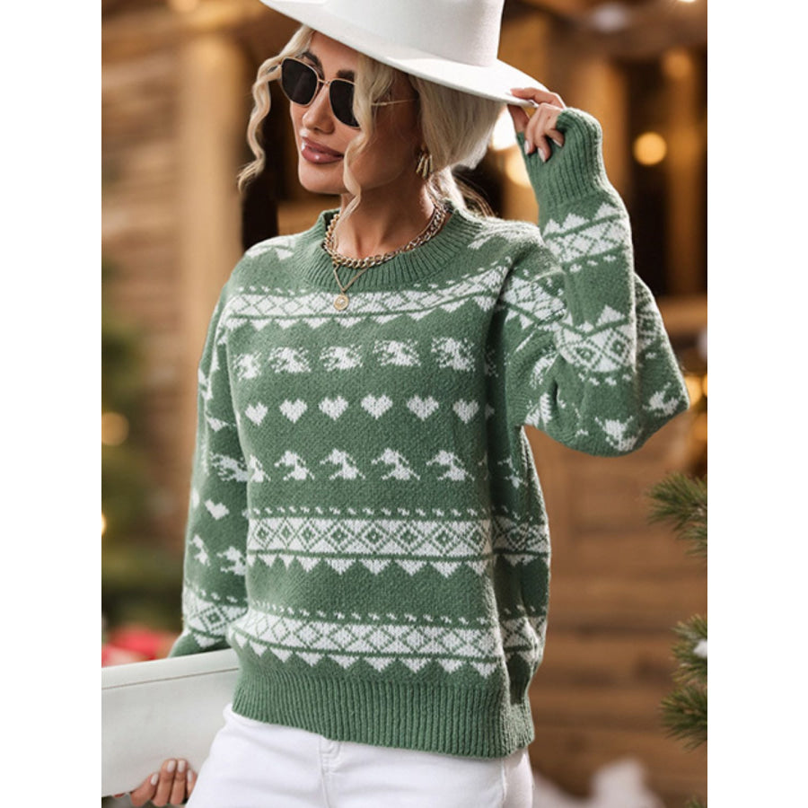 Perfee Geometric Round Neck Dropped Shoulder Sweater Apparel and Accessories