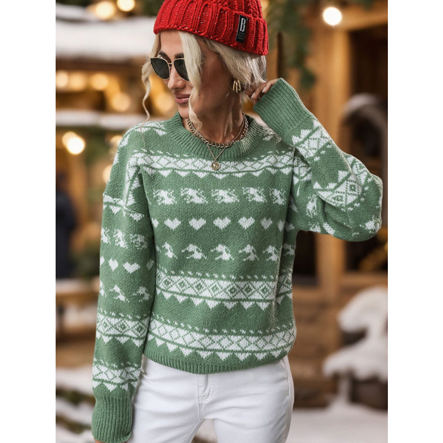 Perfee Geometric Round Neck Dropped Shoulder Sweater Apparel and Accessories