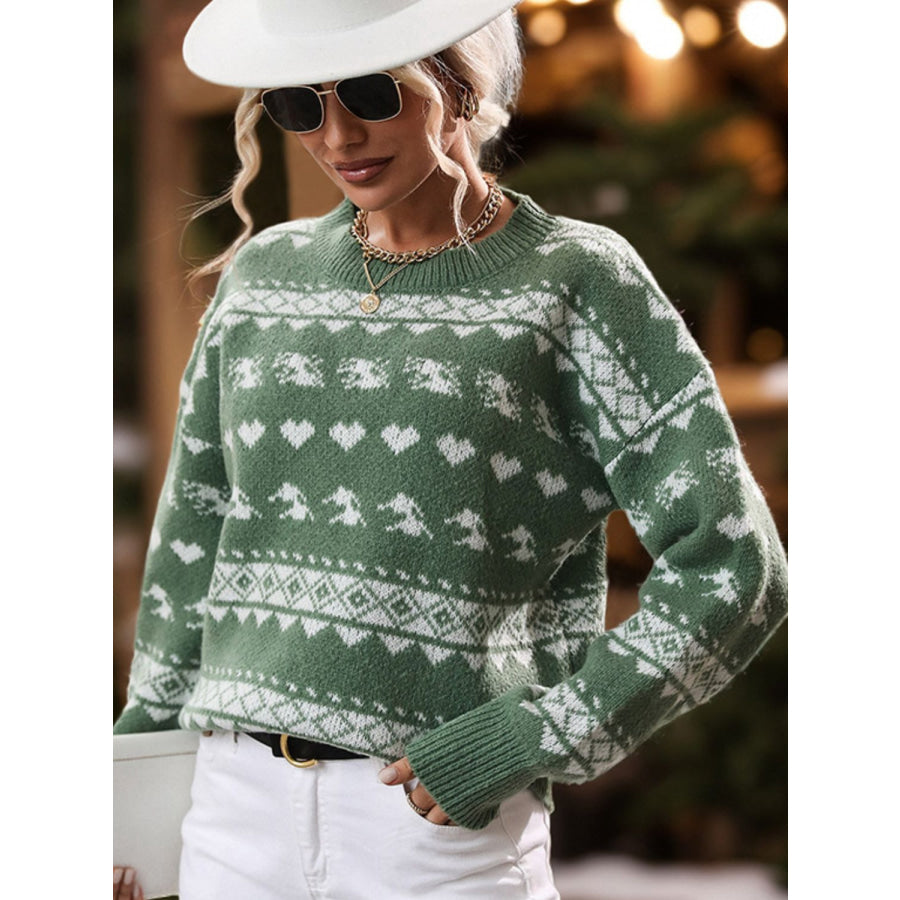 Perfee Geometric Round Neck Dropped Shoulder Sweater Matcha Green / S Apparel and Accessories