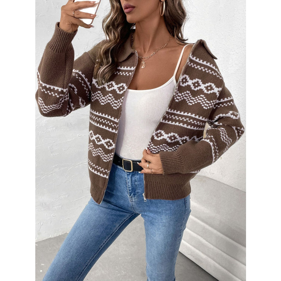 Perfee Geometric Zip Up Collared Neck Long Sleeve Cardigan Apparel and Accessories