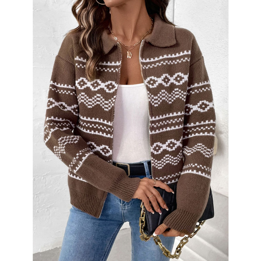 Perfee Geometric Zip Up Collared Neck Long Sleeve Cardigan Coffee Brown / S Apparel and Accessories