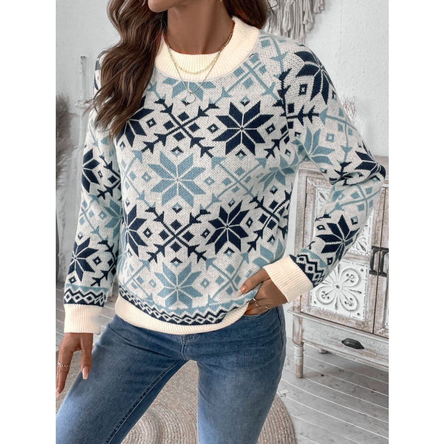 Perfee Graphic Round Neck Long Sleeve Sweater Apparel and Accessories