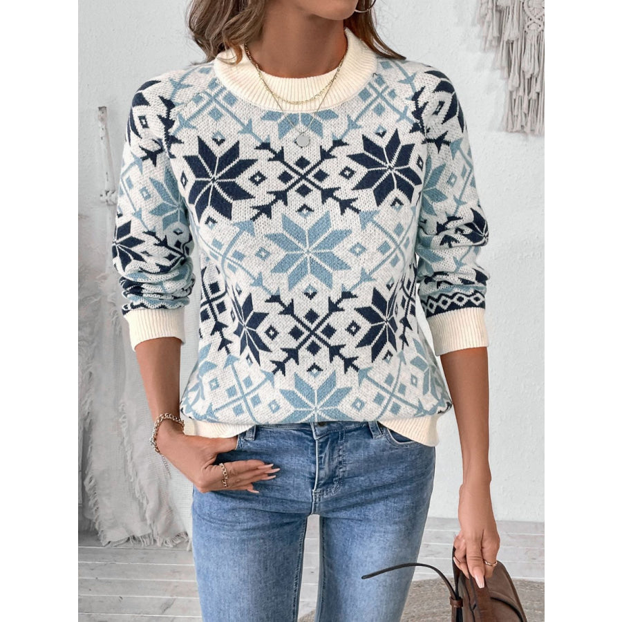 Perfee Graphic Round Neck Long Sleeve Sweater Apparel and Accessories