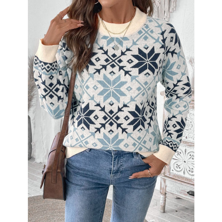 Perfee Graphic Round Neck Long Sleeve Sweater Light Blue / S Apparel and Accessories