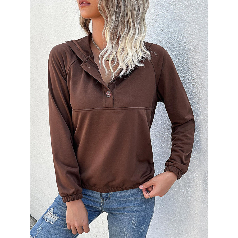 Perfee Half-Button Raglan Sleeve Hoodie Coffee Brown / S Apparel and Accessories