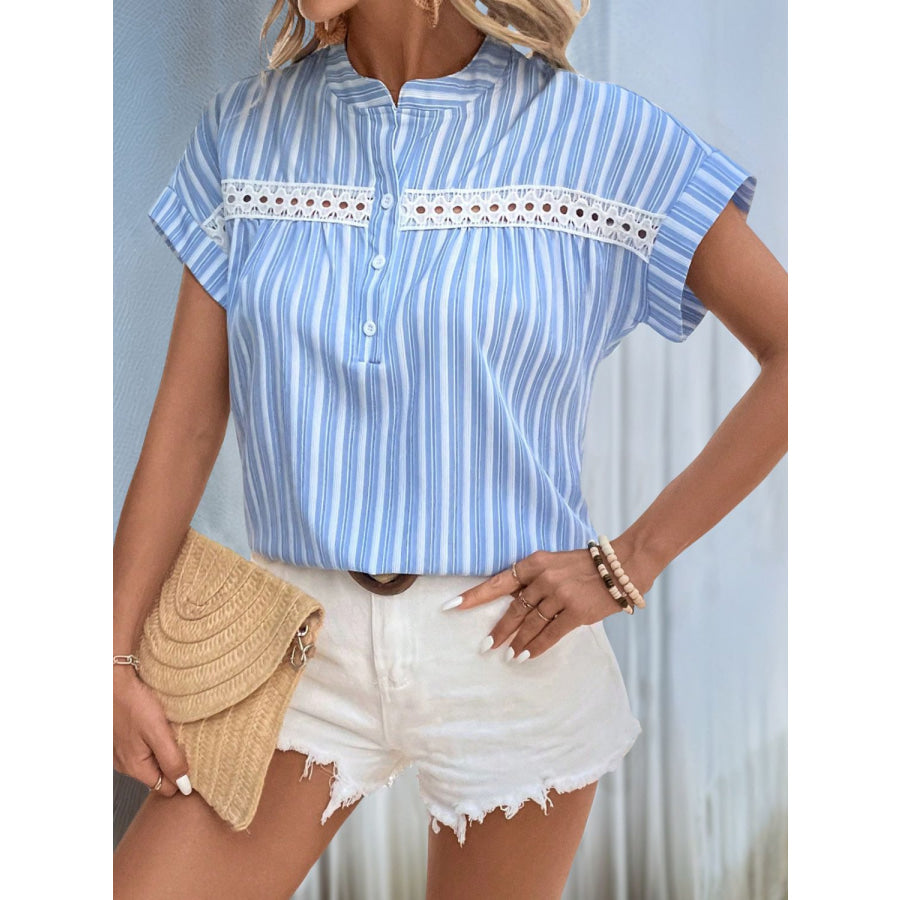 Perfee Half Button Striped Short Sleeve Blouse Apparel and Accessories