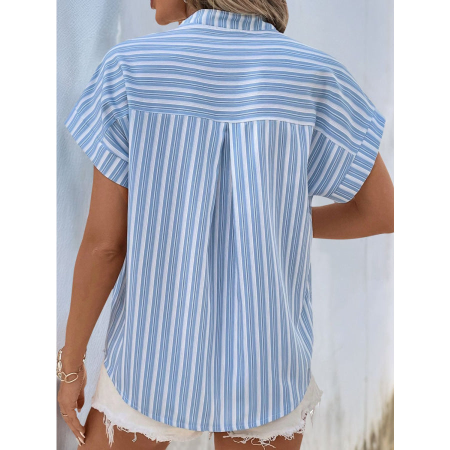 Perfee Half Button Striped Short Sleeve Blouse Apparel and Accessories