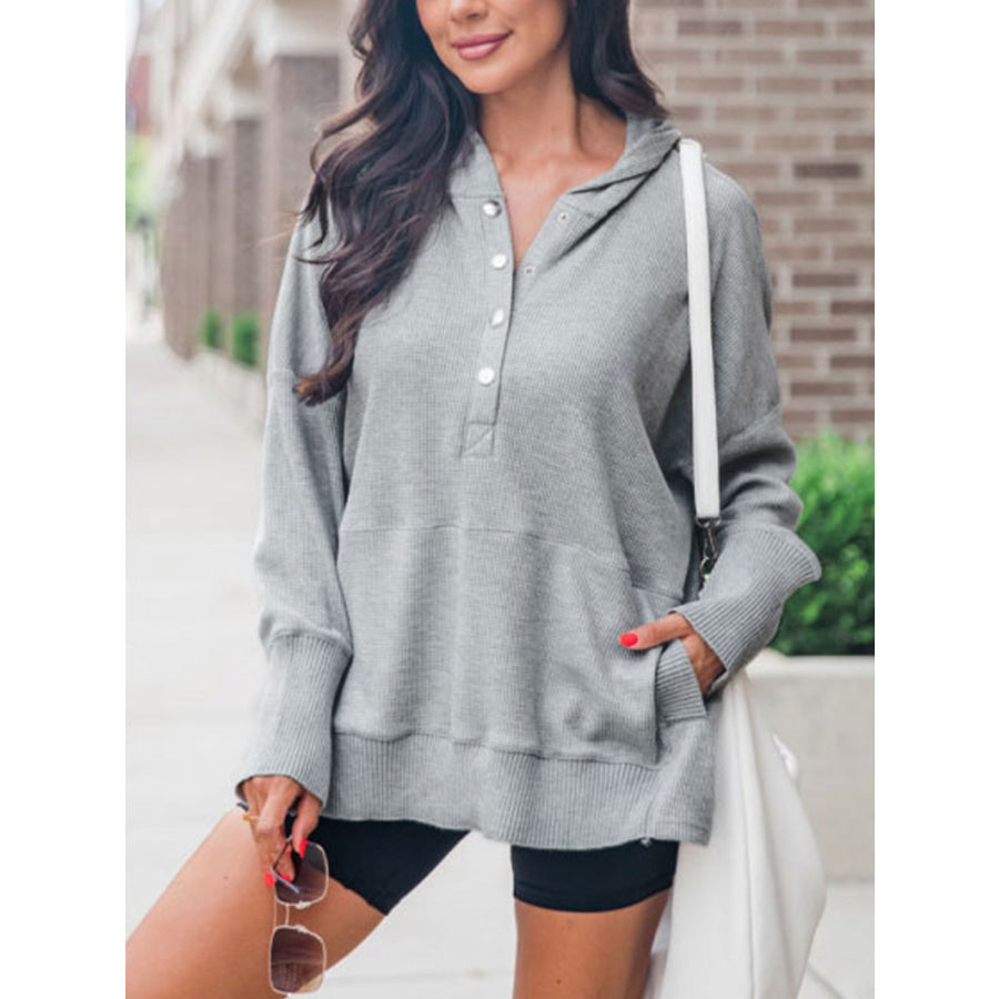 Perfee Half Snap Long Sleeve Hoodie Gray / S Apparel and Accessories