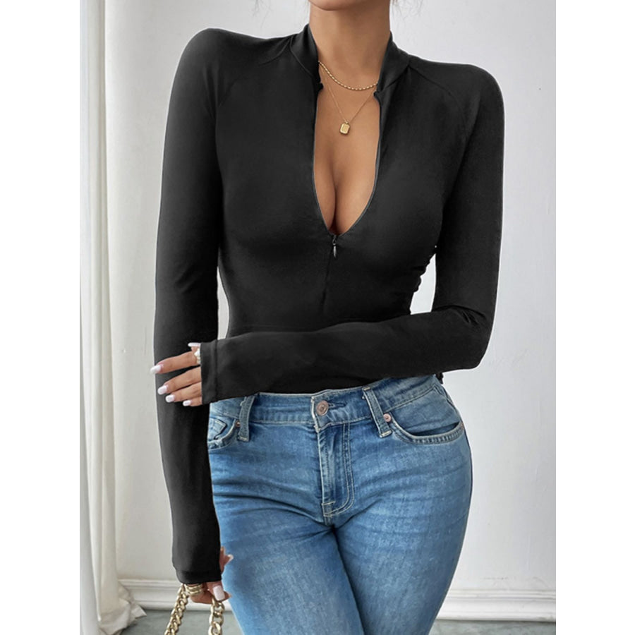 Perfee Half Zip Long Sleeve Bodysuit Apparel and Accessories