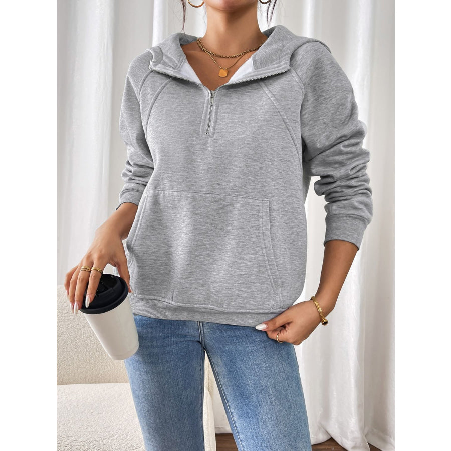 Perfee Half Zip Long Sleeve Hoodie Light Gray / S Apparel and Accessories