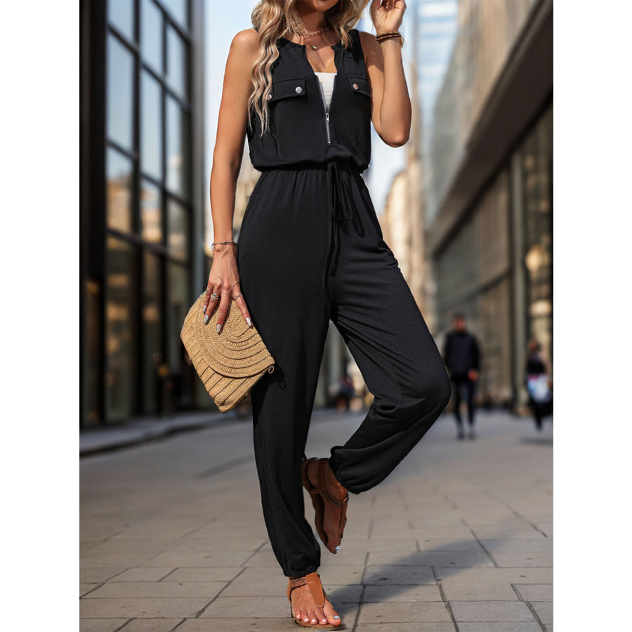 Perfee Half Zip Sleeveless Jumpsuit with Pockets Apparel and Accessories