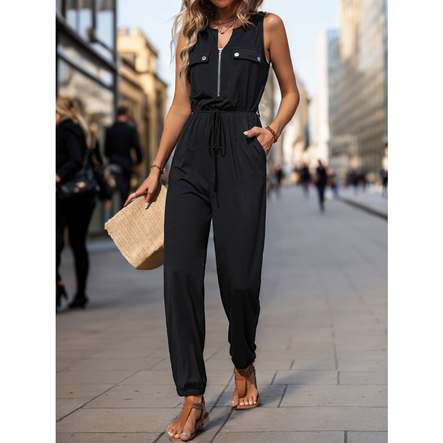 Perfee Half Zip Sleeveless Jumpsuit with Pockets Apparel and Accessories