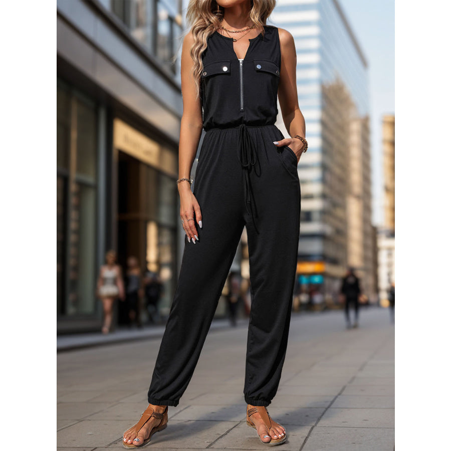 Perfee Half Zip Sleeveless Jumpsuit with Pockets Black / S Apparel and Accessories