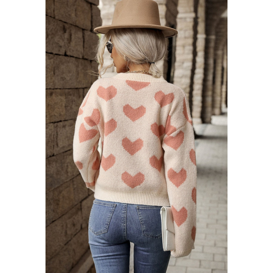 Perfee Heart Pattern Dropped Shoulder Sweater Apparel and Accessories