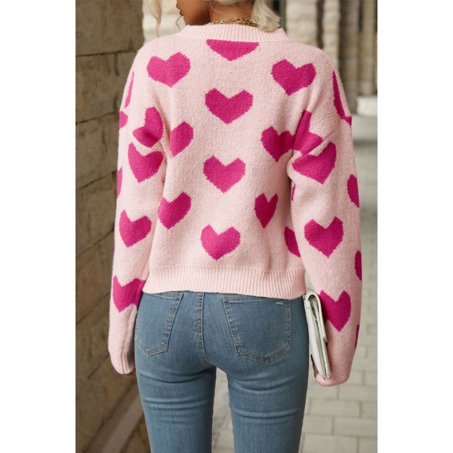 Perfee Heart Pattern Dropped Shoulder Sweater Apparel and Accessories