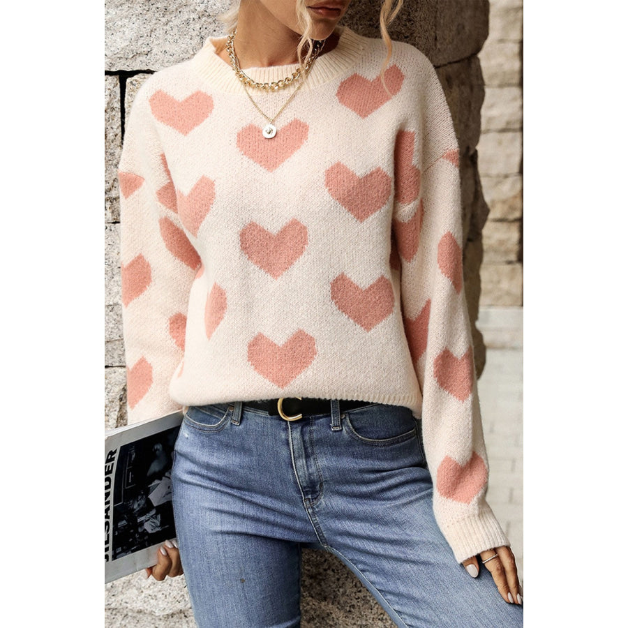 Perfee Heart Pattern Dropped Shoulder Sweater Apparel and Accessories