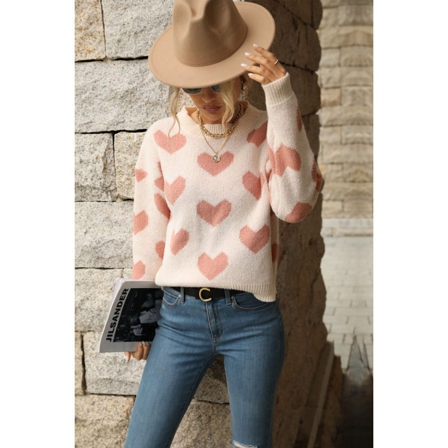 Perfee Heart Pattern Dropped Shoulder Sweater Apparel and Accessories