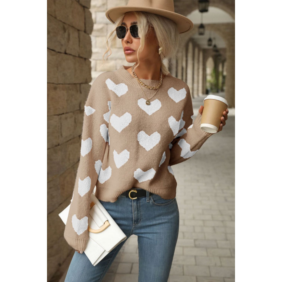 Perfee Heart Pattern Dropped Shoulder Sweater Apparel and Accessories