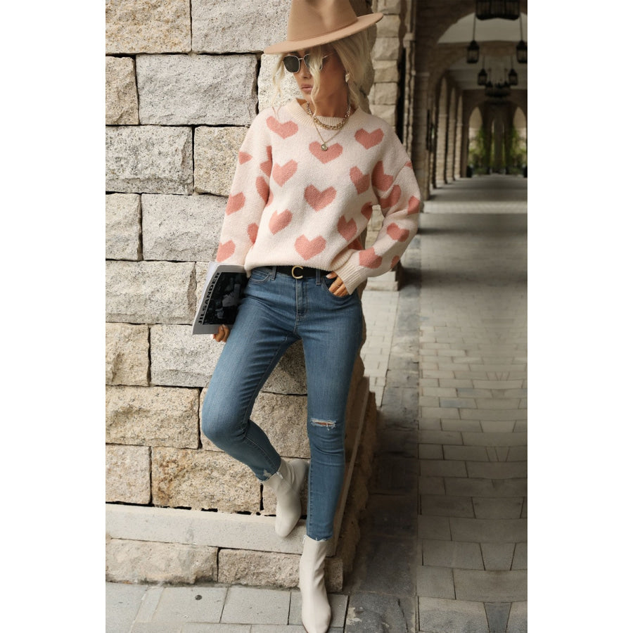 Perfee Heart Pattern Dropped Shoulder Sweater Apparel and Accessories