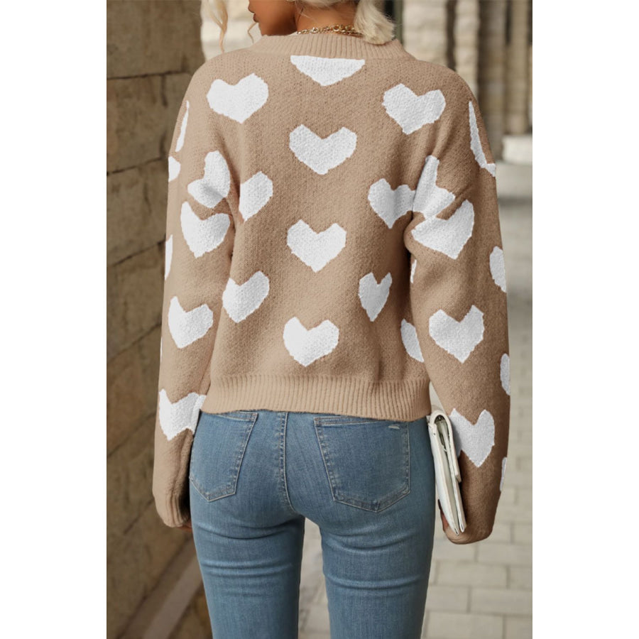 Perfee Heart Pattern Dropped Shoulder Sweater Apparel and Accessories