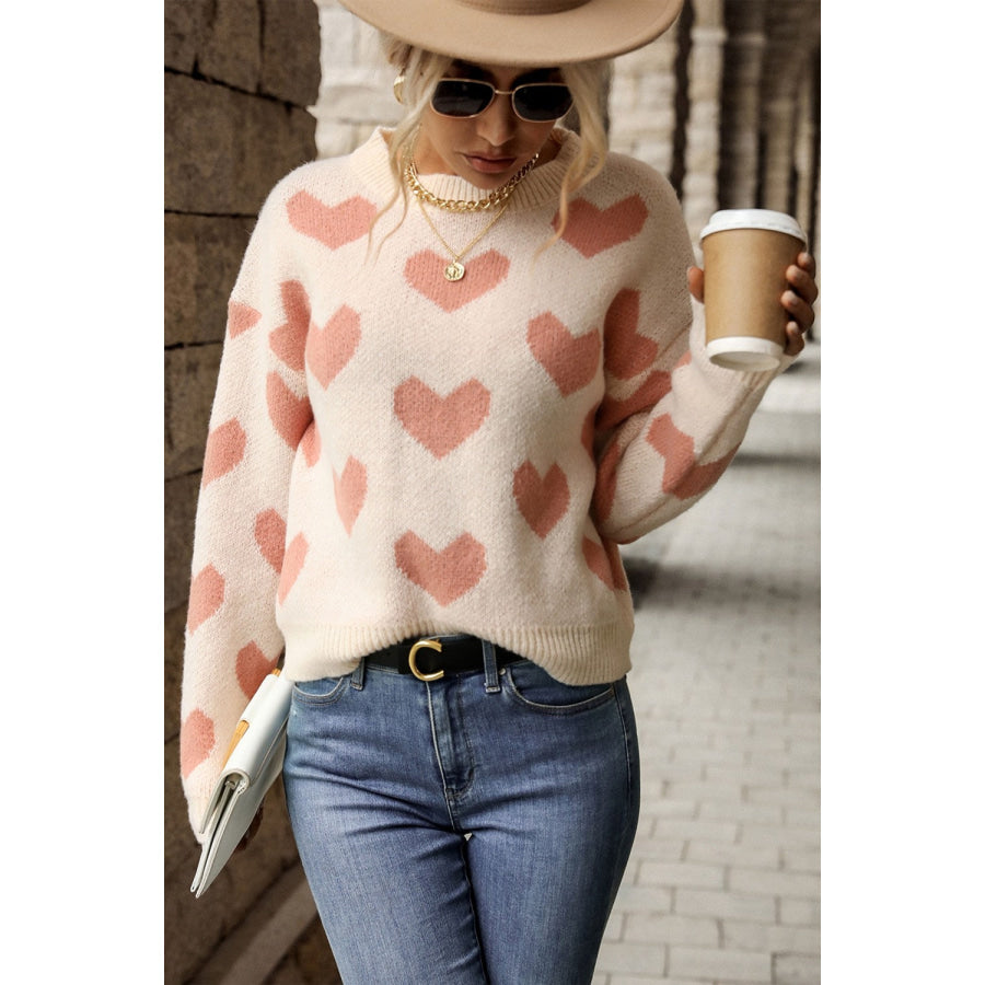 Perfee Heart Pattern Dropped Shoulder Sweater Apparel and Accessories