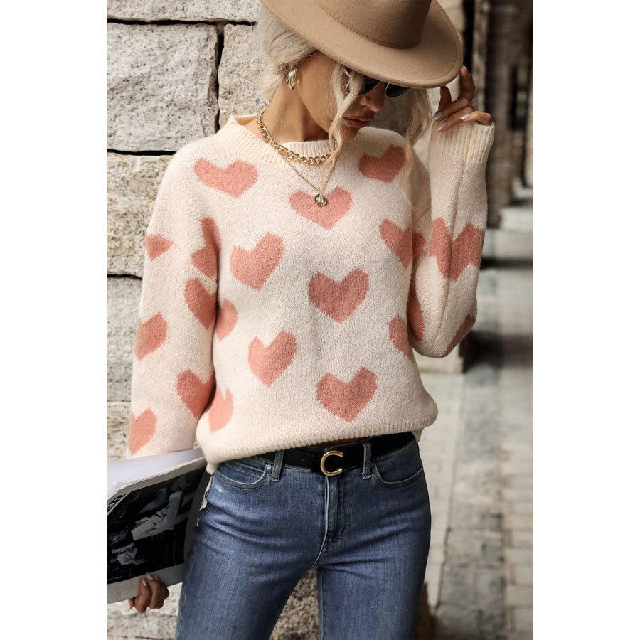 Perfee Heart Pattern Dropped Shoulder Sweater Apparel and Accessories