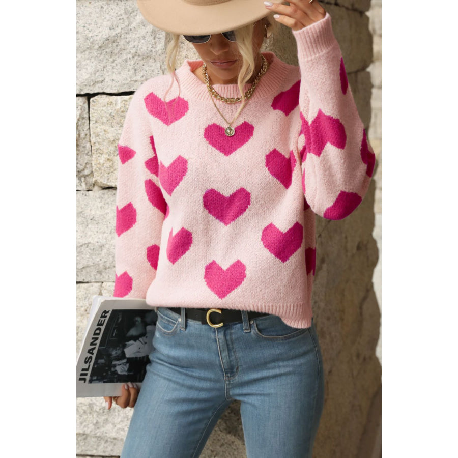 Perfee Heart Pattern Dropped Shoulder Sweater Apparel and Accessories