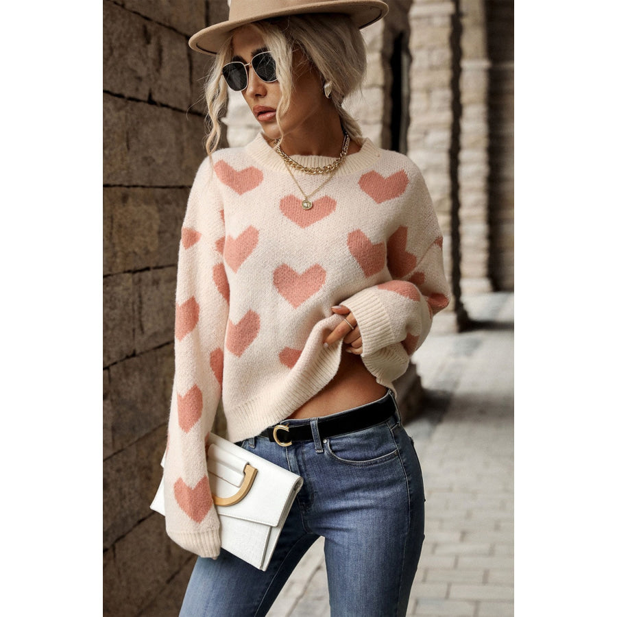 Perfee Heart Pattern Dropped Shoulder Sweater Pale Blush / S Apparel and Accessories