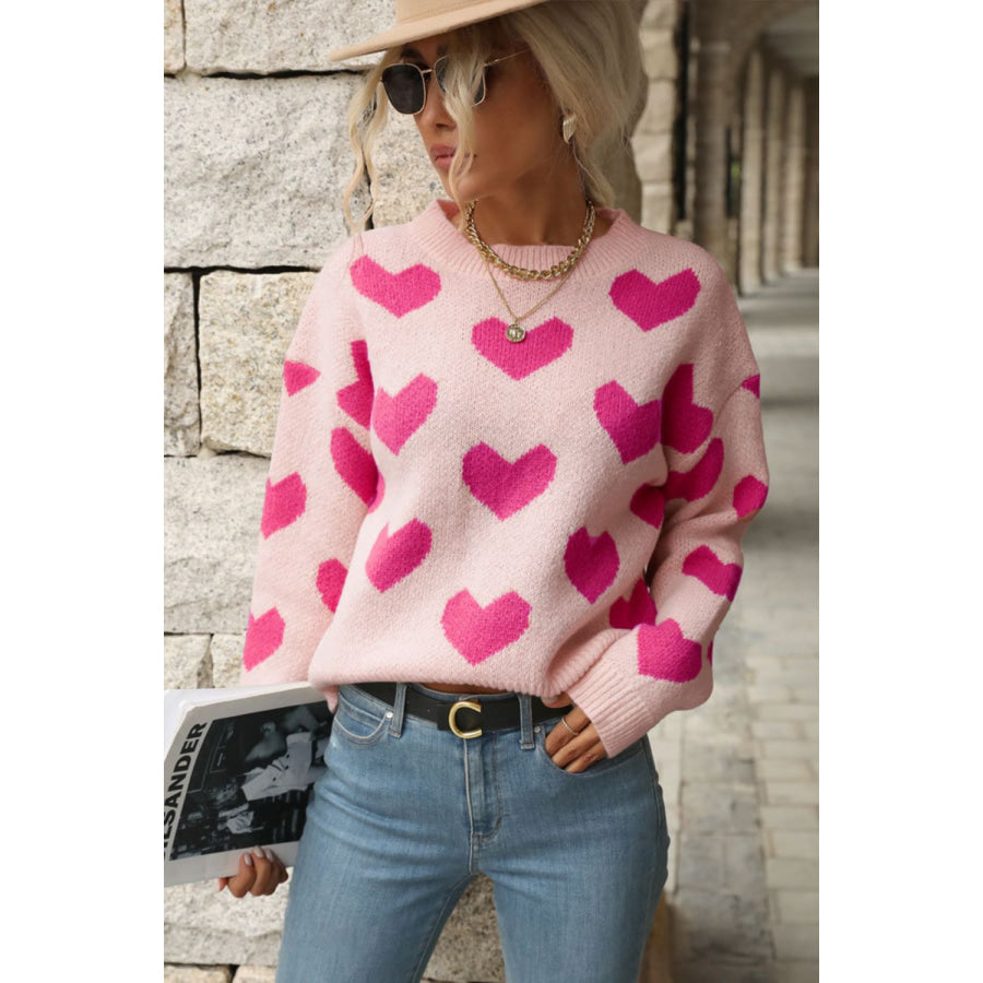 Perfee Heart Pattern Dropped Shoulder Sweater Pink / S Apparel and Accessories