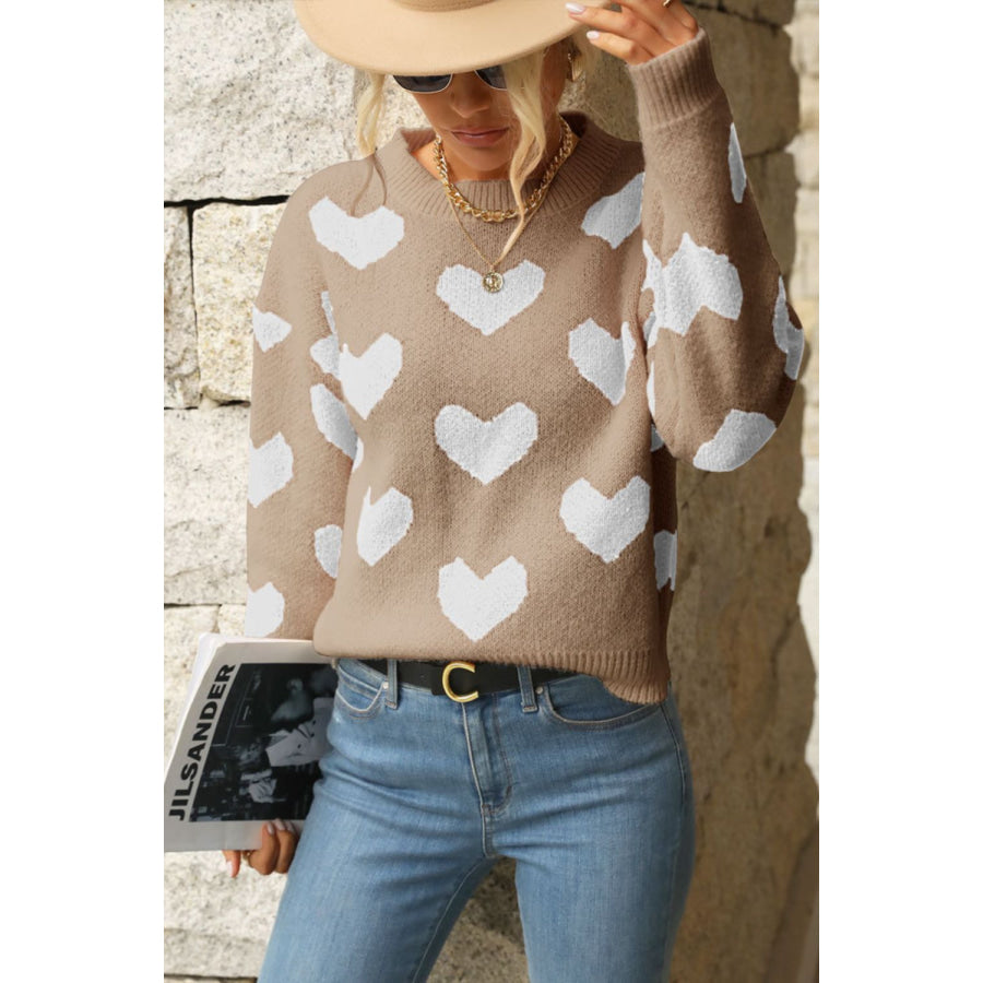 Perfee Heart Pattern Dropped Shoulder Sweater Tan / S Apparel and Accessories