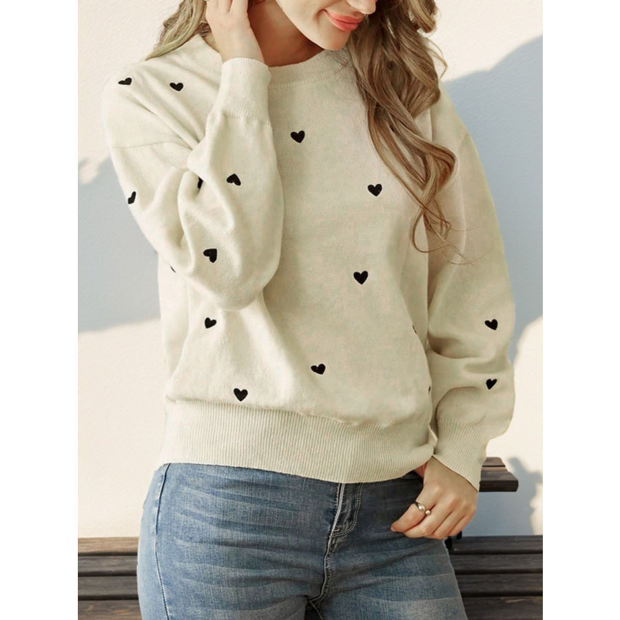 Perfee Heart Round Neck Long Sleeve Knit Top Cream / S Apparel and Accessories