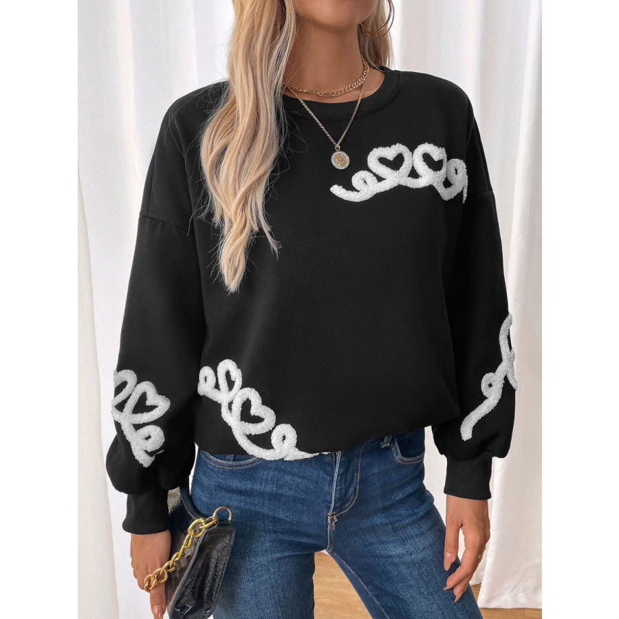 Perfee Heart Round Neck Long Sleeve Sweater Apparel and Accessories