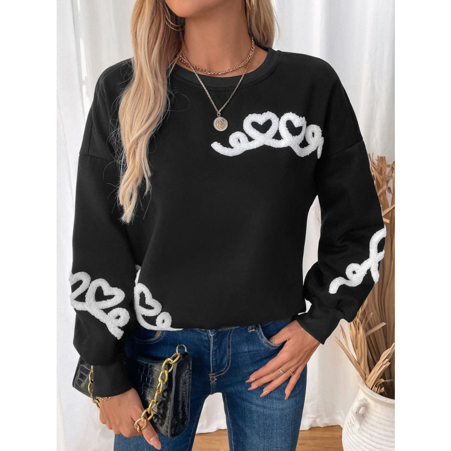 Perfee Heart Round Neck Long Sleeve Sweater Apparel and Accessories