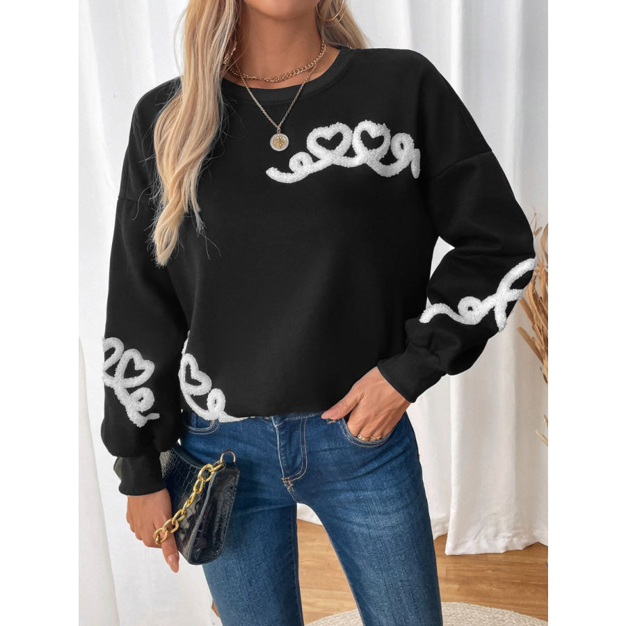 Perfee Heart Round Neck Long Sleeve Sweater Apparel and Accessories