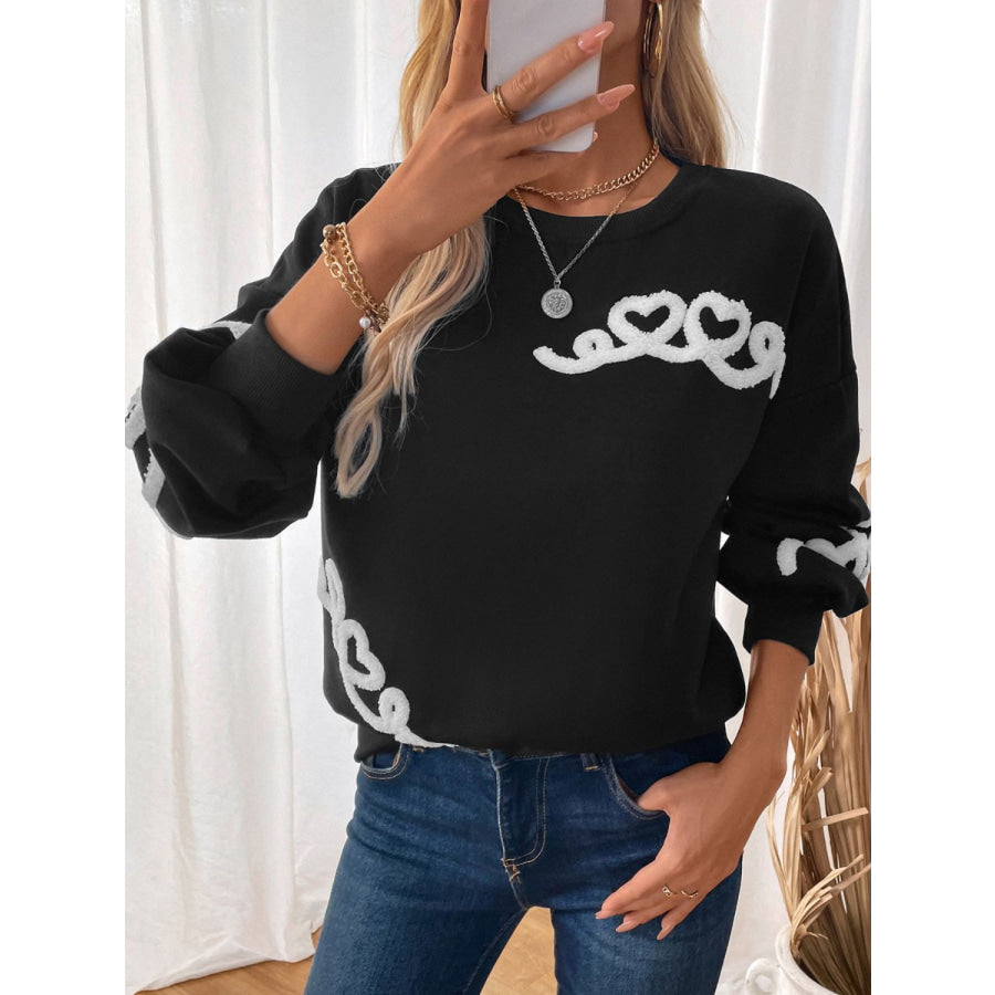 Perfee Heart Round Neck Long Sleeve Sweater Black / S Apparel and Accessories