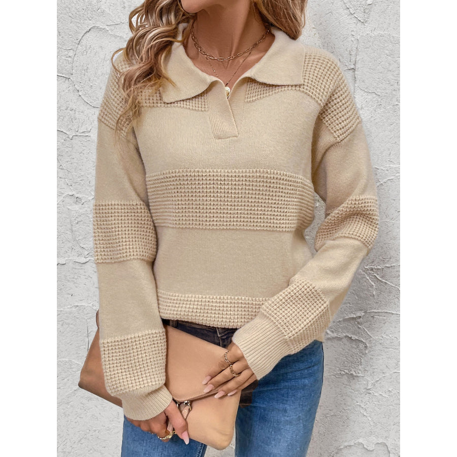 Perfee Johnny Collar Dropped Shoulder Sweater Apparel and Accessories