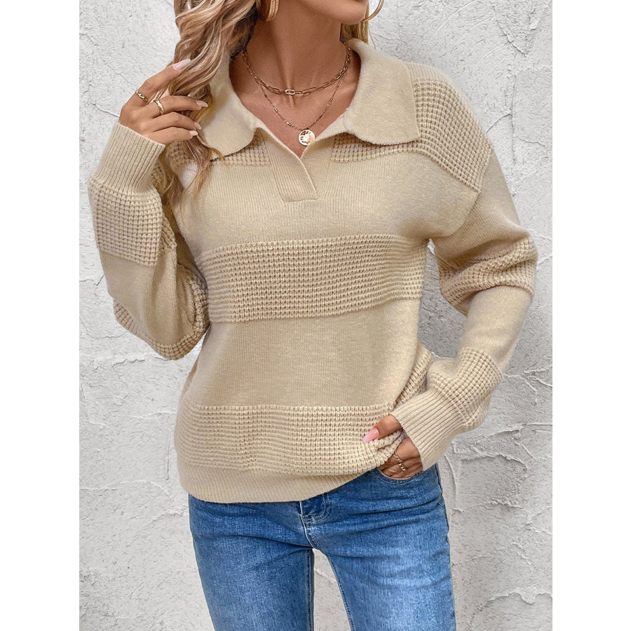 Perfee Johnny Collar Dropped Shoulder Sweater Apparel and Accessories