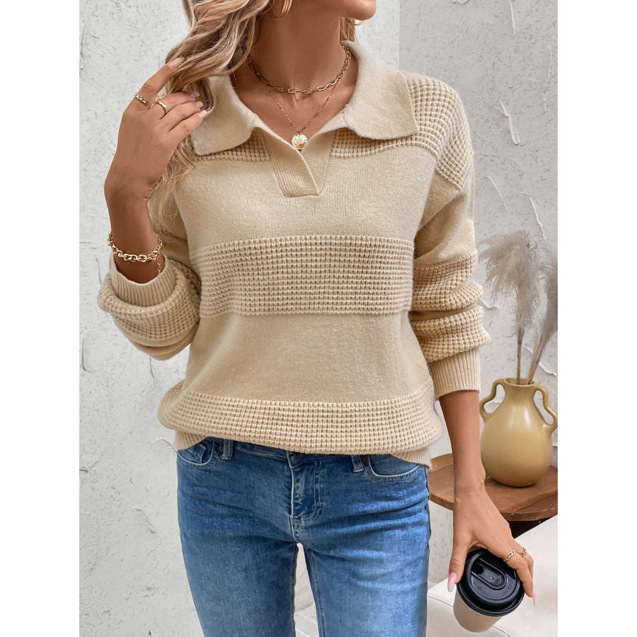 Perfee Johnny Collar Dropped Shoulder Sweater Apparel and Accessories