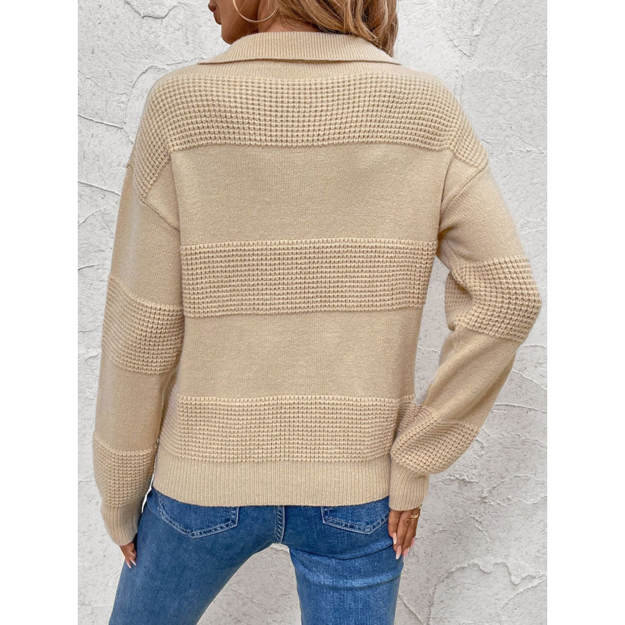 Perfee Johnny Collar Dropped Shoulder Sweater Apparel and Accessories