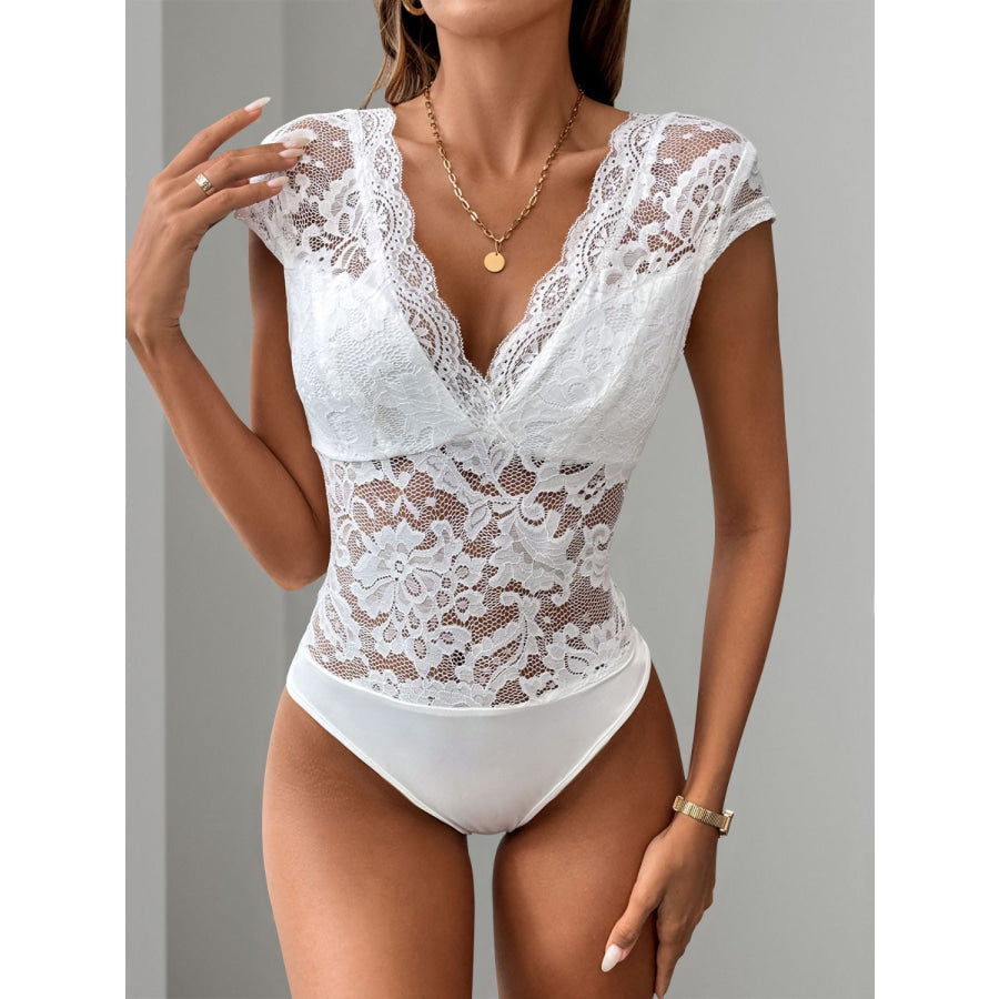 Perfee Lace Backless V-Neck Cap Sleeve Bodysuit Apparel and Accessories