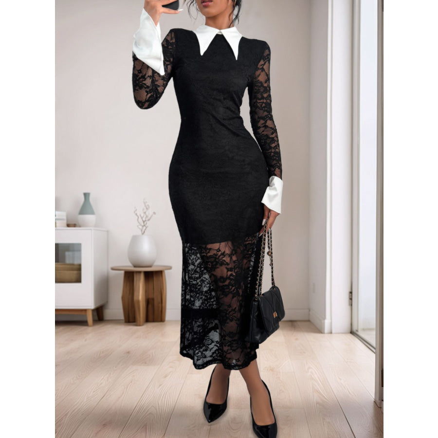 Perfee Lace Contrast Collared Neck Long Sleeve Midi Dress Apparel and Accessories