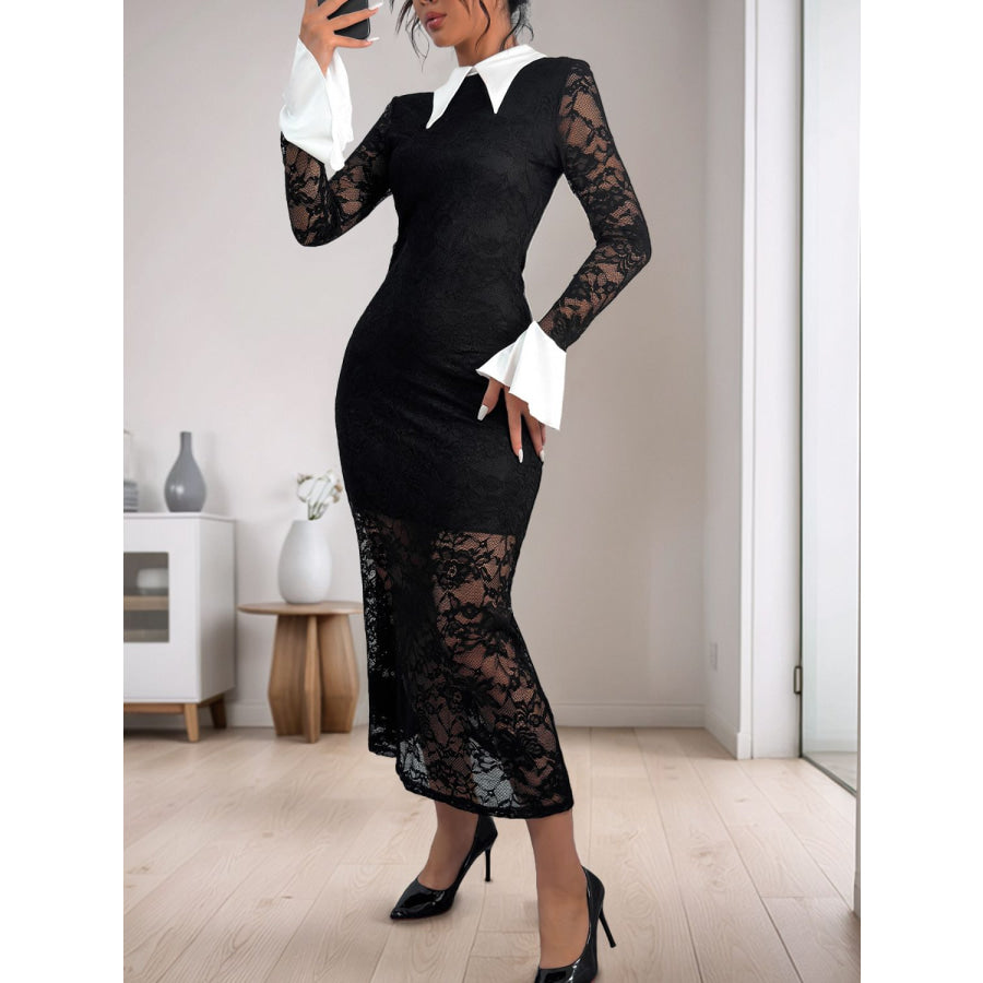 Perfee Lace Contrast Collared Neck Long Sleeve Midi Dress Apparel and Accessories