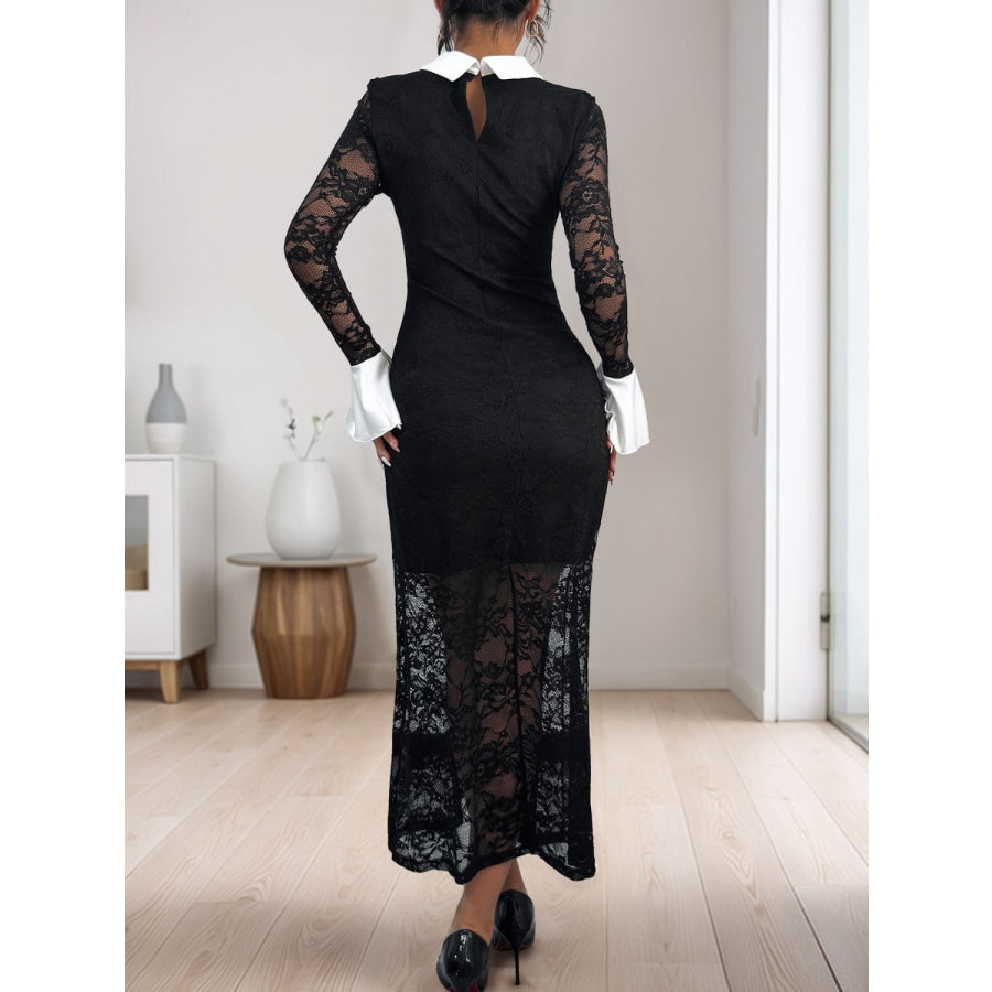 Perfee Lace Contrast Collared Neck Long Sleeve Midi Dress Black / S Apparel and Accessories