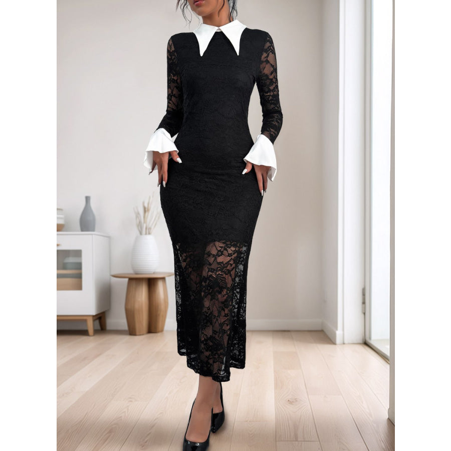 Perfee Lace Contrast Collared Neck Long Sleeve Midi Dress Apparel and Accessories