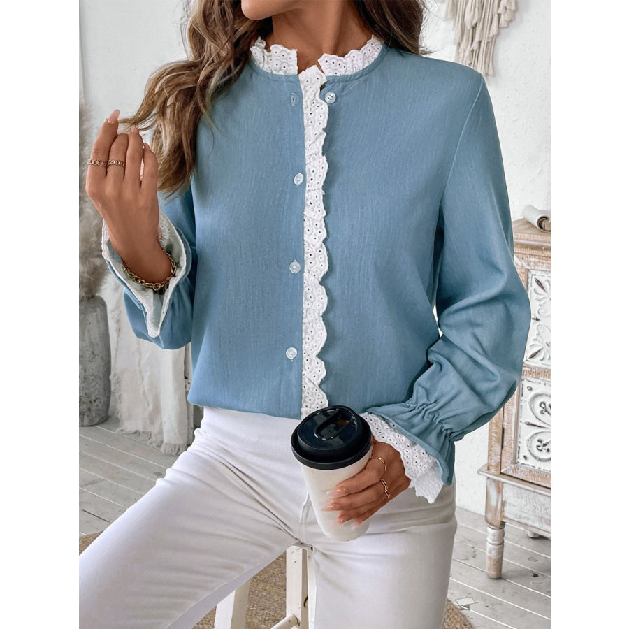 Perfee Lace Detail Button Down Long Sleeve Shirt Apparel and Accessories