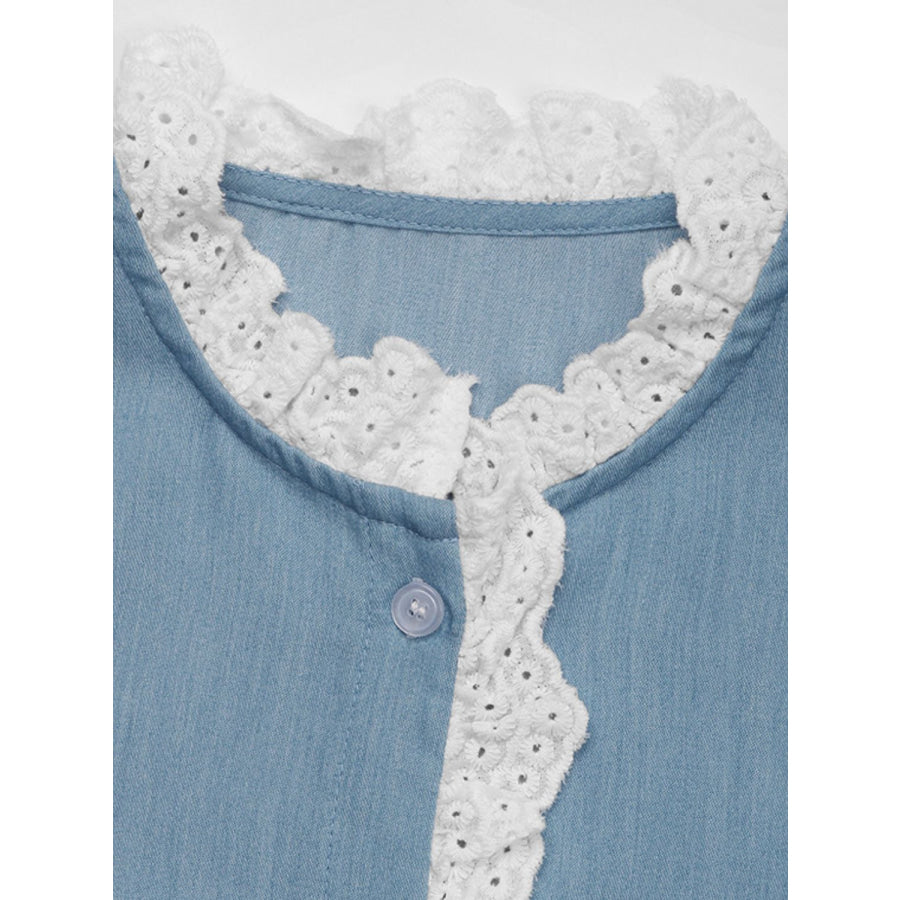 Perfee Lace Detail Button Down Long Sleeve Shirt Apparel and Accessories